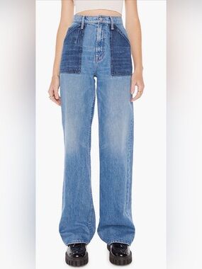 MOTHER Two-Tone Wide-Leg Jeans with Front Patch Pockets - Blue